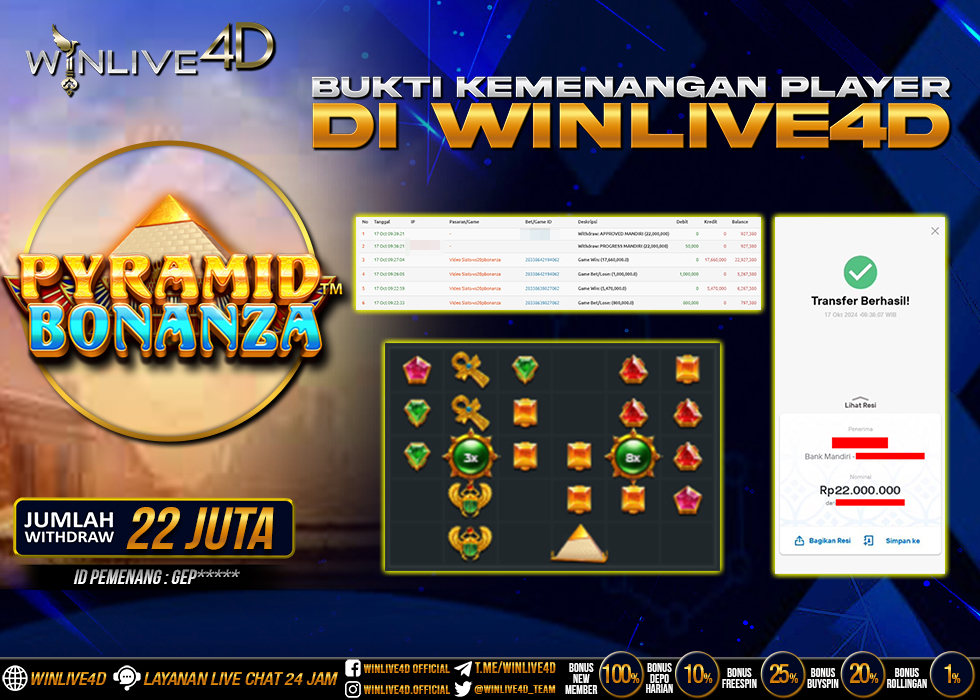 WINLIVE4D JACKPOT SLOT PYRAMID BONANZA Rp.22.000.000.,- LUNAS