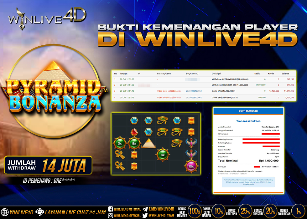 WINLIVE4D JACKPOT SLOT PYRAMID BONANZA Rp.14.000.000.,- LUNAS