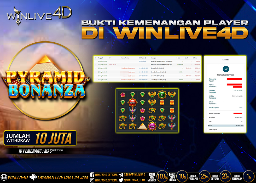 WINLIVE4D JACKPOT SLOT PYRAMID BONANZA Rp.10.000.000.,- LUNAS