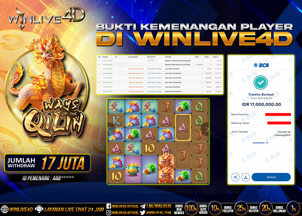 WINLIVE4D JACKPOT SLOT WAYS OF THE QILIN Rp.17.000.000.,- LUNAS