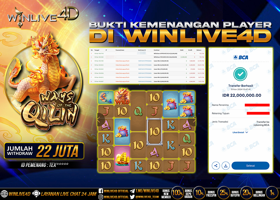 WINLIVE4D JACKPOT SLOT WAYS OF THE QILIN Rp.22.000.000.,- LUNAS