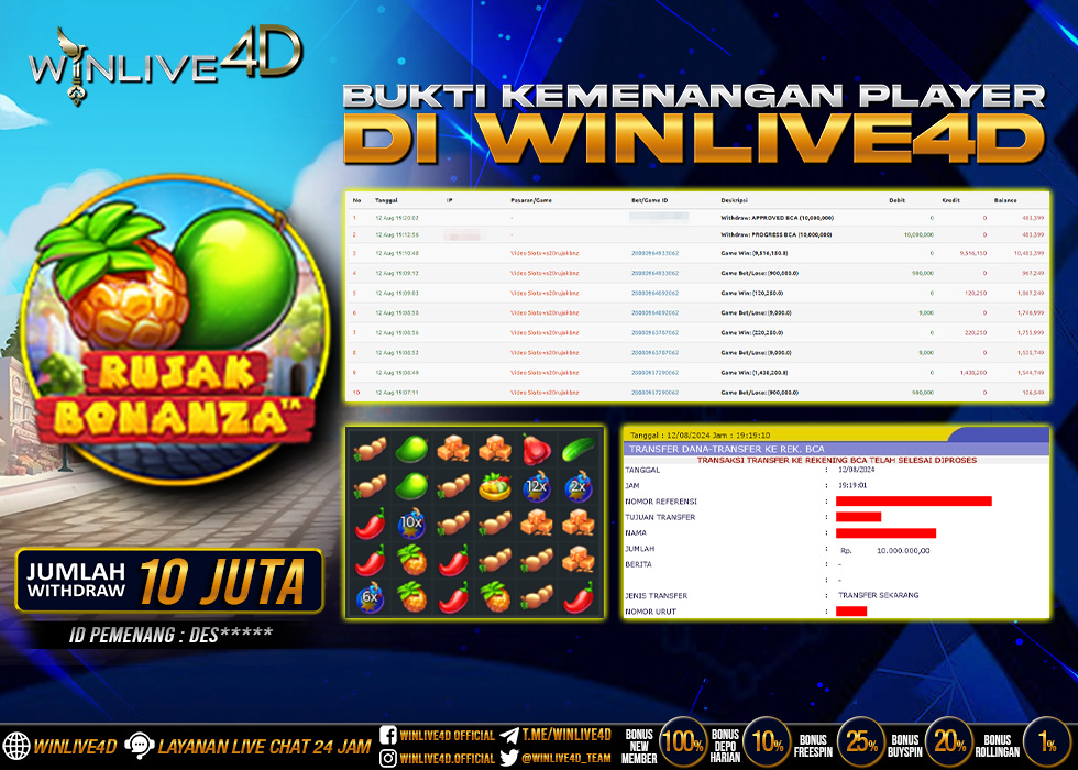 WINLIVE4D JACKPOT SLOT RUJAK BONANZA Rp.10.000.000.,- LUNAS