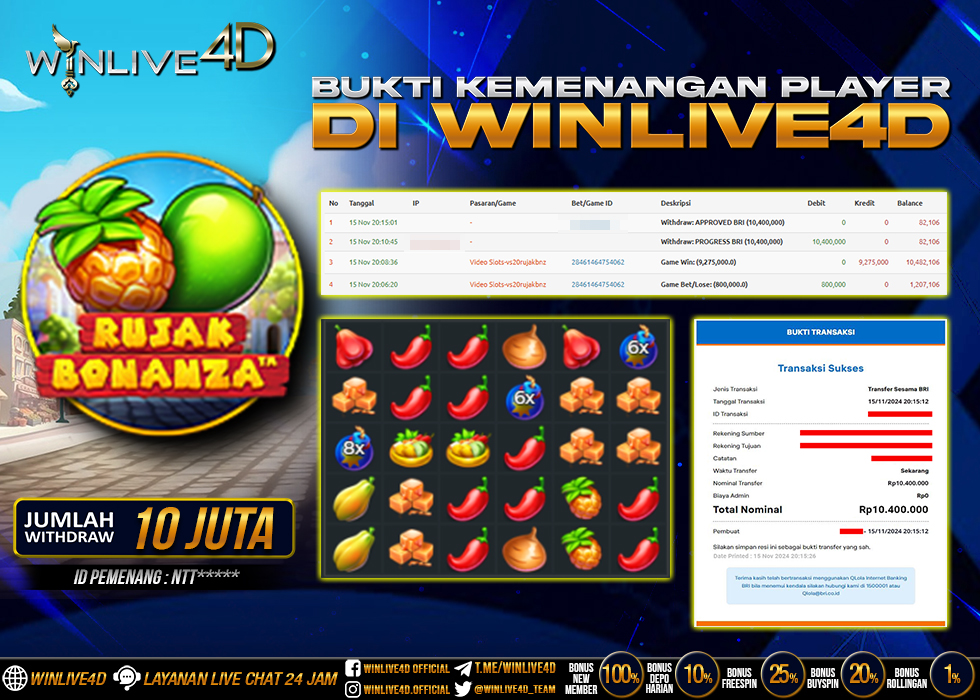 WINLIVE4D JACKPOT SLOT RUJAK BONANZA Rp.10.400.000.,- LUNAS