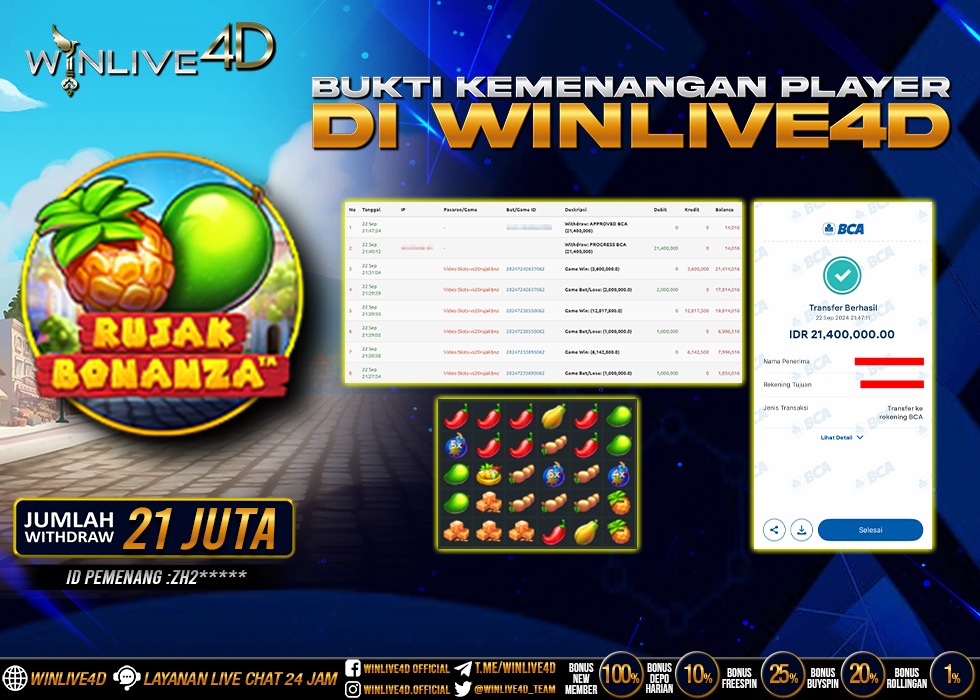 WINLIVE4D JACKPOT SLOT RUJAK BONANZA Rp.21.400.000.,- LUNAS