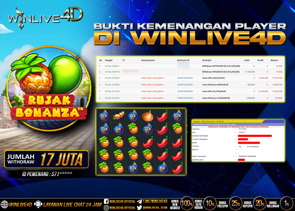 WINLIVE4D JACKPOT SLOT RUJAK BONANZA Rp.17.200.000.,- LUNAS