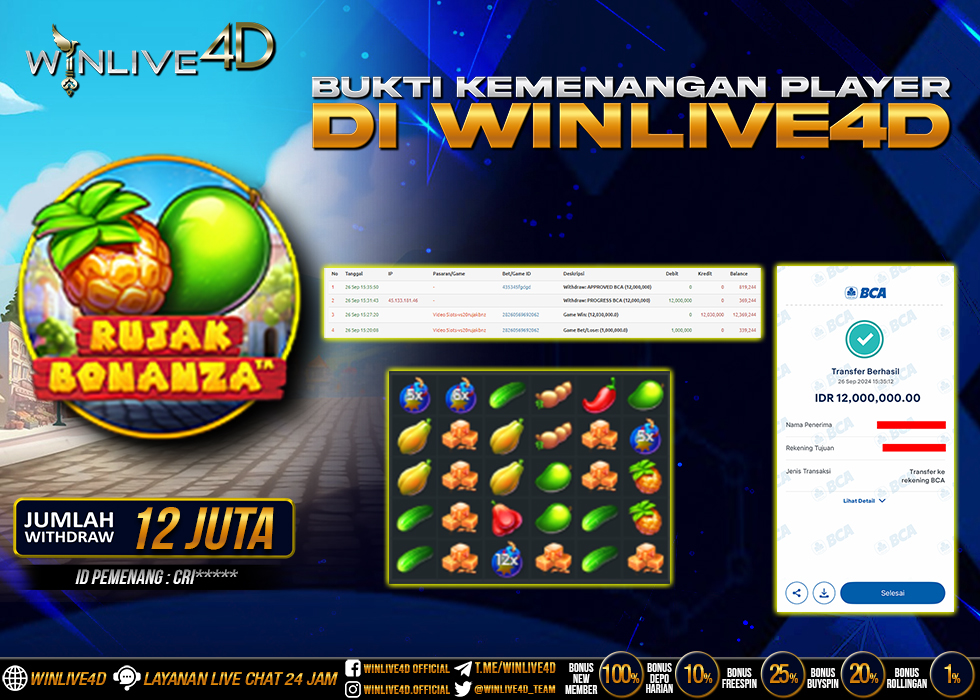 WINLIVE4D JACKPOT SLOT RUJAK BONANZA Rp.12.000.000.,- LUNAS