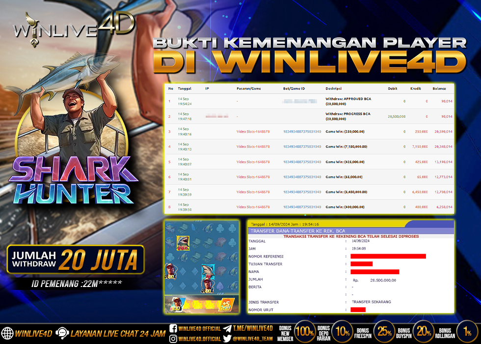 WINLIVE4D JACKPOT SLOT SHARK HUNTER RP.20.500.000.,- LUNAS