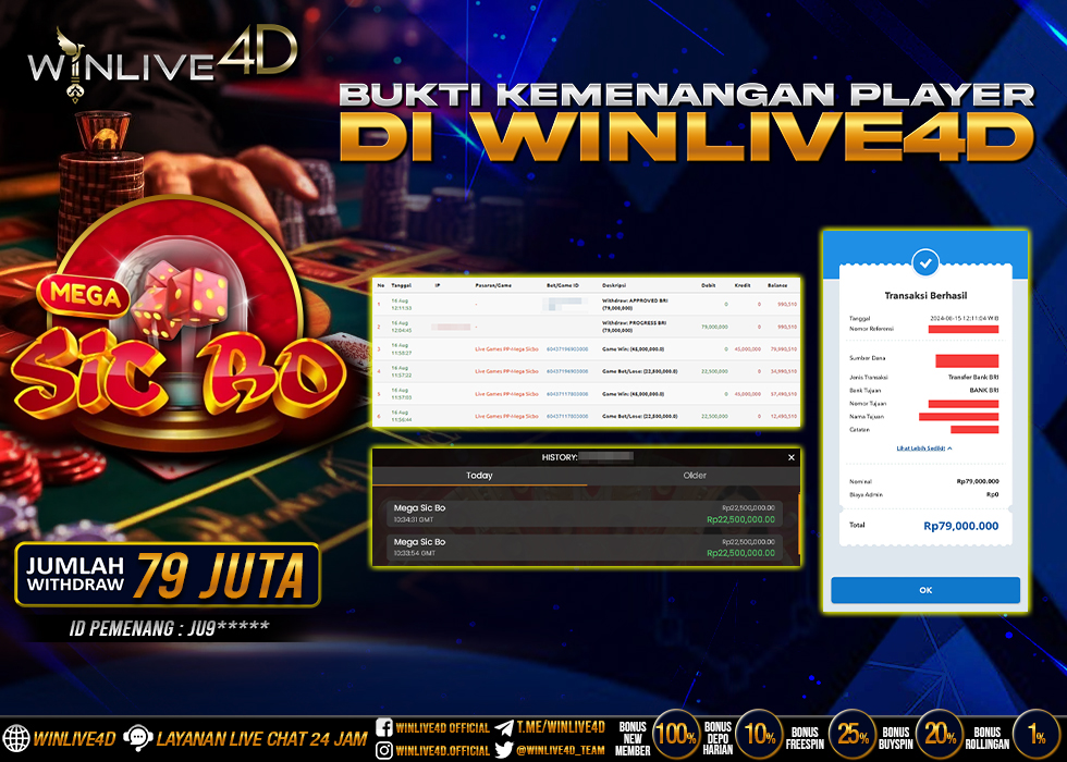 WINLIVE4D JACKPOT LIVE CASINO MEGA SICBO Rp.79.000.000.,- LUNAS
