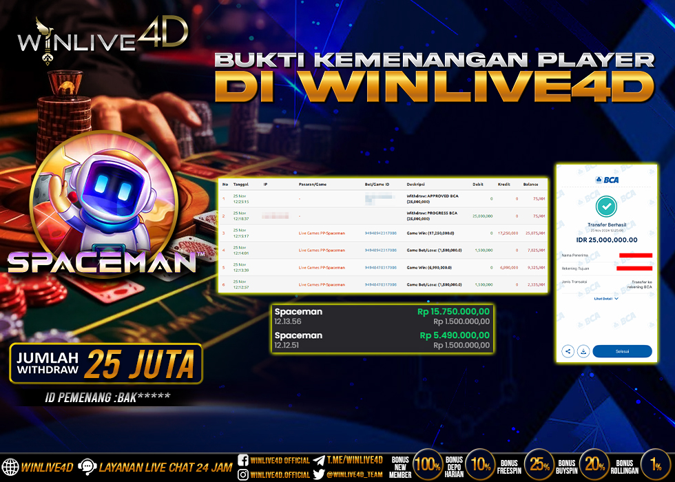 WINLIVE4D JACKPOT SPACEMAN Rp.25.000.000.,- LUNAS