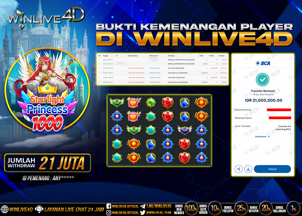 WINLIVE4D JACKPOT SLOT STARLIGHT PRINCESS 1000 Rp.21.000.000.,- LUNAS