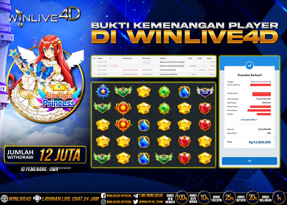 WINLIVE4D JACKPOT SLOT STARLIGHT PRINCESS Rp.18.000.000.,- LUNAS