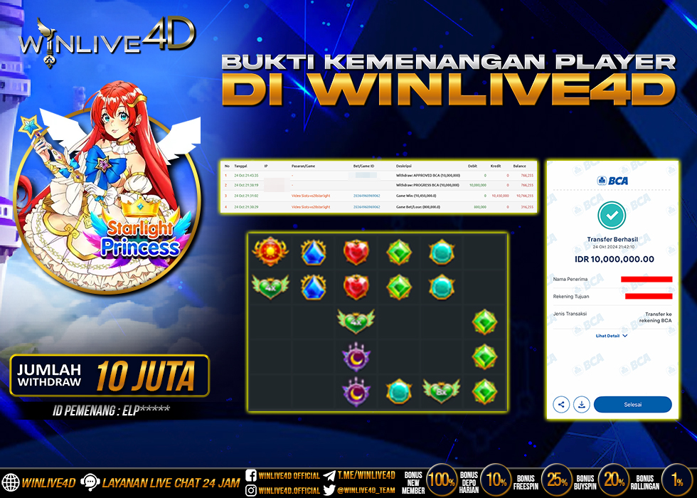 WINLIVE4D JACKPOT SLOT STARLIGHT PRINCESS Rp.10.000.000.,- LUNAS