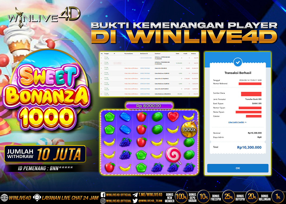 WINLIVE4D JACKPOT SLOT SWEET BONANZA 1000 Rp.10.300.000.,- LUNAS