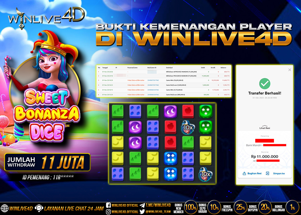 WINLIVE4D JACKPOT SLOT SWEET BONANZA DICE Rp.11.000.000.,- LUNAS
