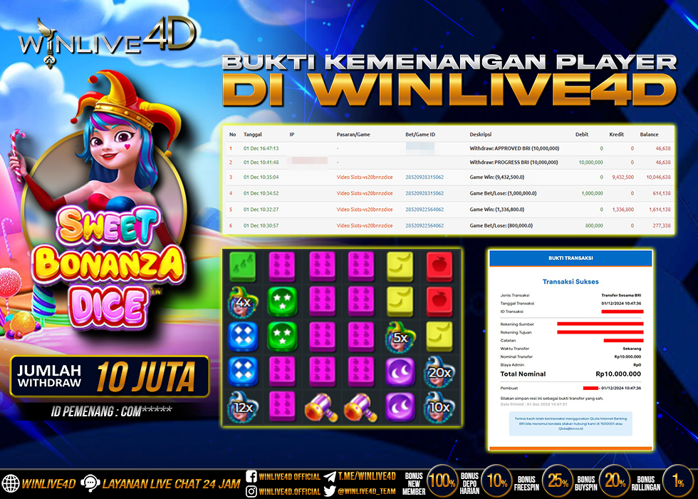 WINLIVE4D JACKPOT SLOT SWEET BONANZA DICE Rp.10.000.000.,- LUNAS