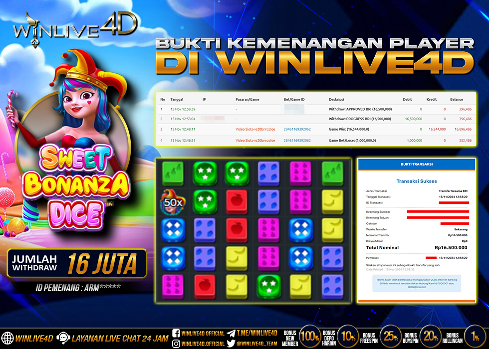 WINLIVE4D JACKPOT SLOT SWEET BONANZA DICE Rp.16.500.000.,- LUNAS