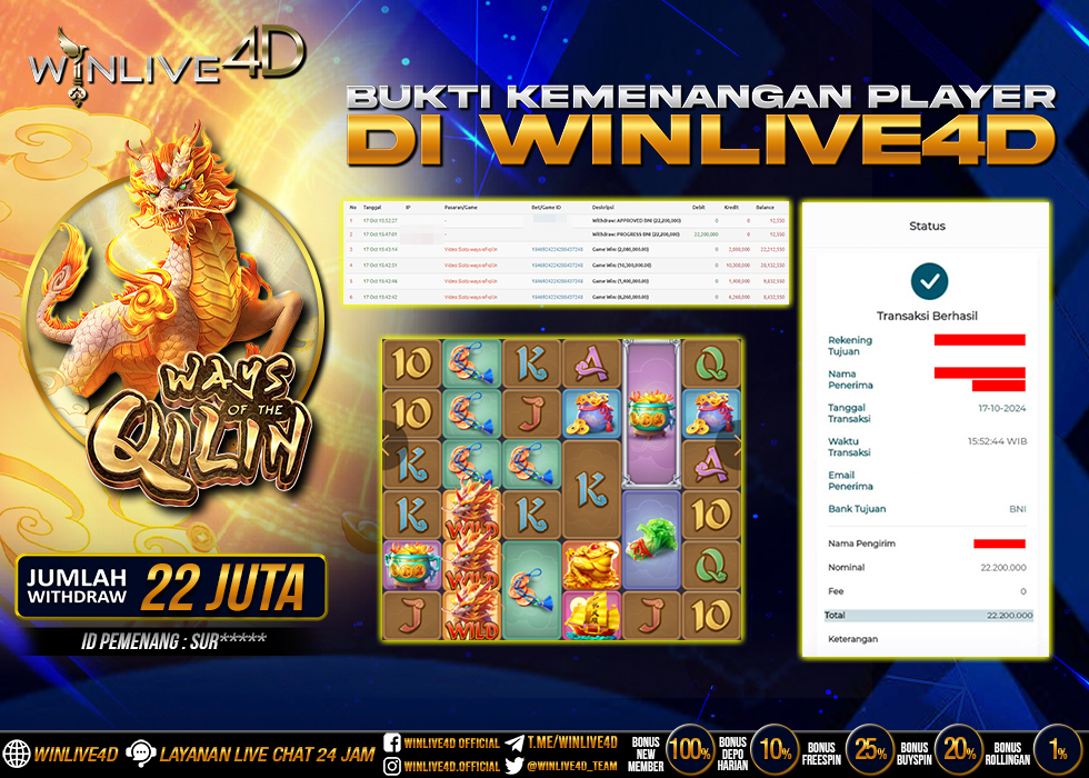 WINLIVE4D JACKPOT SLOT WAYS OF THE QILIN Rp.22.200.000.,- LUNAS