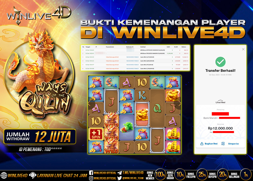 WINLIVE4D JACKPOT SLOT WAYS OF THE QILIN Rp.12.000.000.,- LUNAS