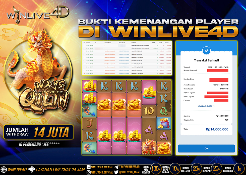 WINLIVE4D JACKPOT SLOT WAYS OF THE QILIN Rp.14.000.000.,- LUNAS