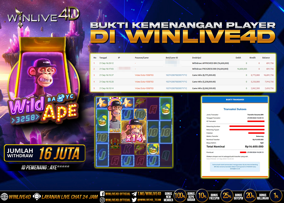 WINLIVE4D JACKPOT WILD APE Rp.16.600.000.,- LUNAS