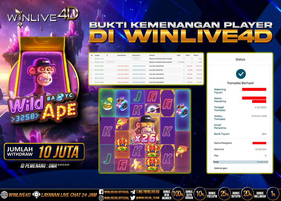 WINLIVE4D JACKPOT SLOT WILD APE Rp.10.100.000.,- LUNAS
