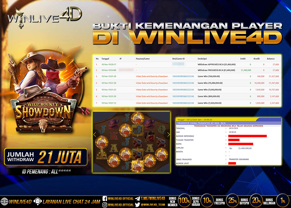 WINLIVE4D JACKPOT SLOT WILD BOUNTY SHOWDOWN Rp.21.400.000.,- LUNAS