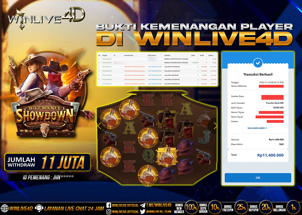 WINLIVE4D JACKPOT SLOT WILD BOUNTY SHOWDOWN Rp.11.400.000.,- LUNAS