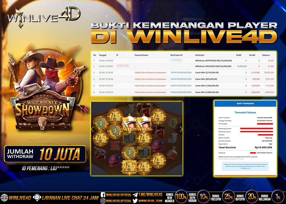 WINLIVE4D JACKPOT WILD BOUNTY SHOWDOWN Rp.10.000.000.,- LUNAS