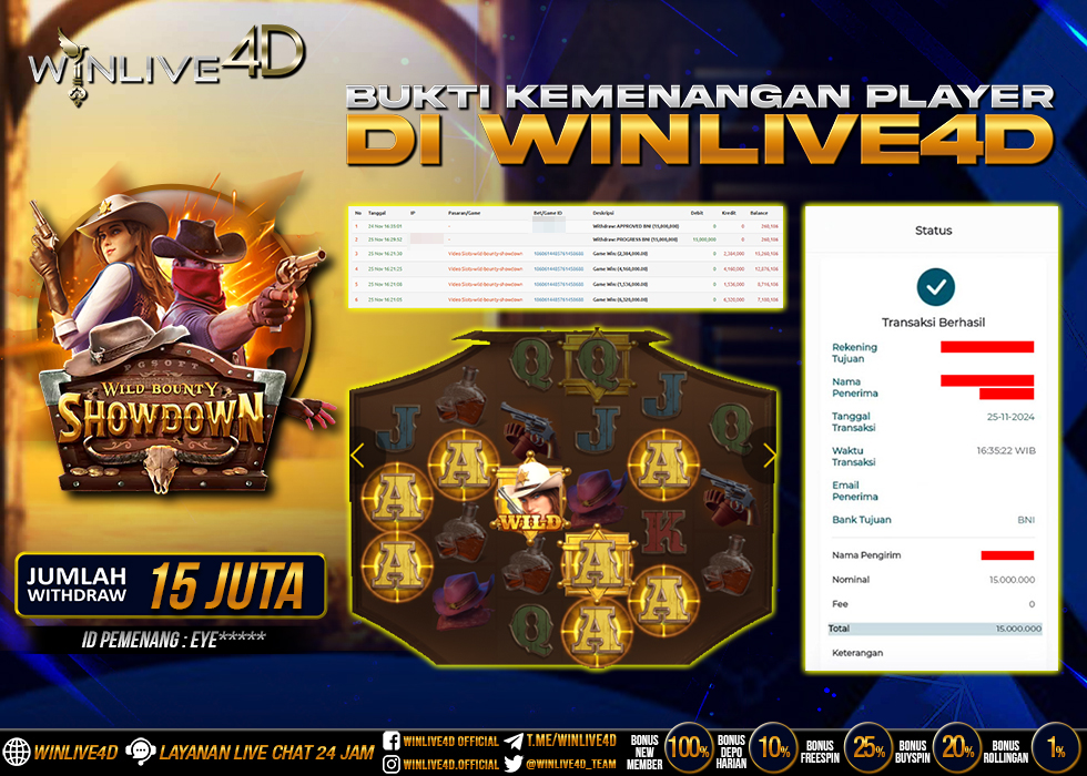 WINLIVE4D JACKPOT SLOT WILD BOUNTY SHOWDOWN Rp.15.000.000.,- LUNAS