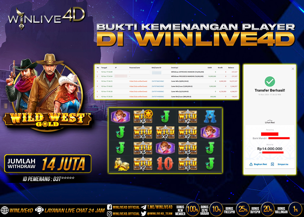 WINLIVE4D JACKPOT SLOT WILD WEST GOLD Rp.14.000.000.,- LUNAS