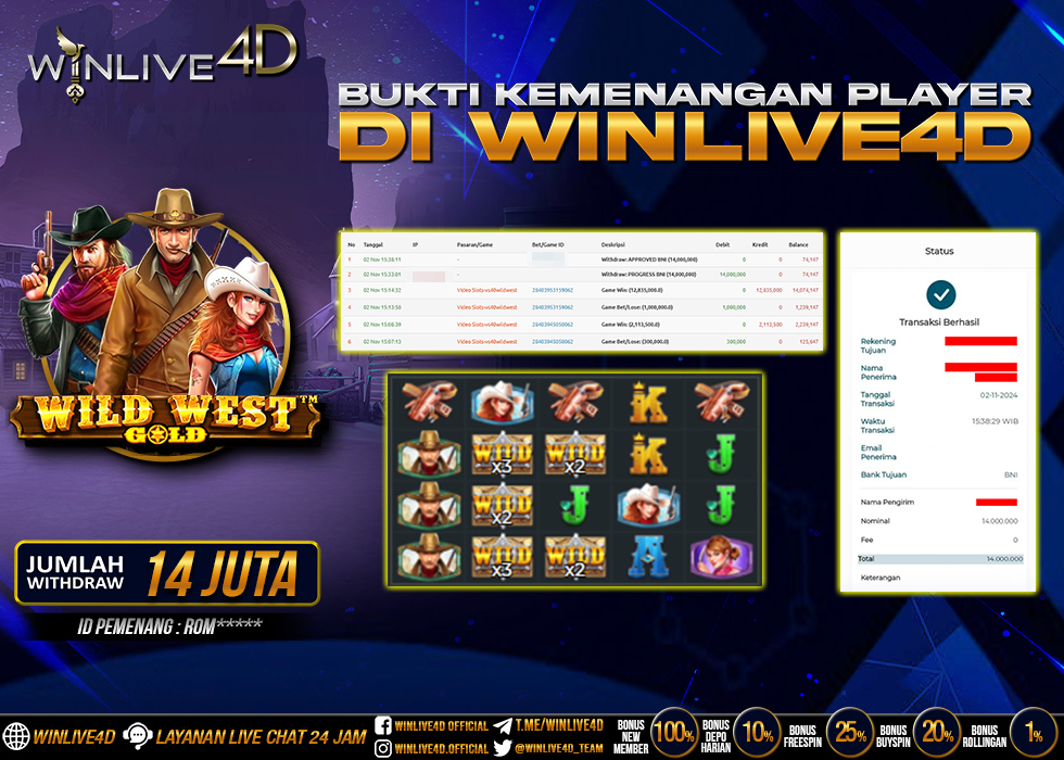 WINLIVE4D JACKPOT SLOT WILD WEST GOLD Rp.14.000.000.,- LUNAS