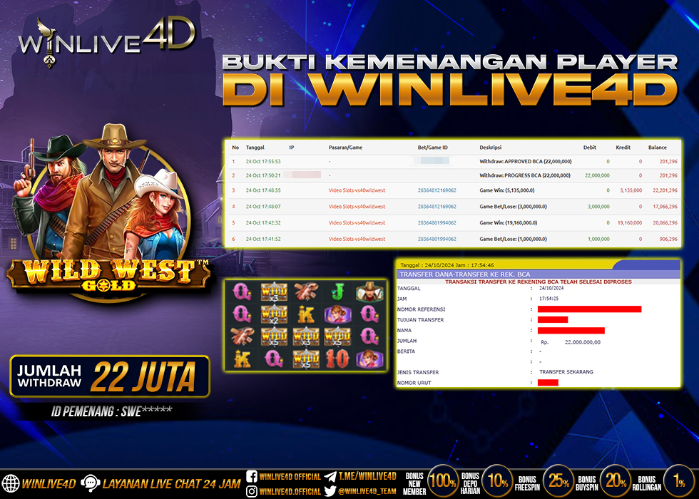 WINLIVE4D JACKPOT SLOT WILD WEST GOLD Rp.22.000.000.,- LUNAS