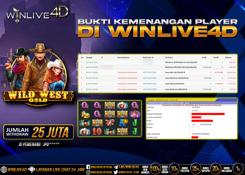 WINLIVE4D JACKPOT SLOT WILD WEST GOLD Rp.25.000.000.,- LUNAS