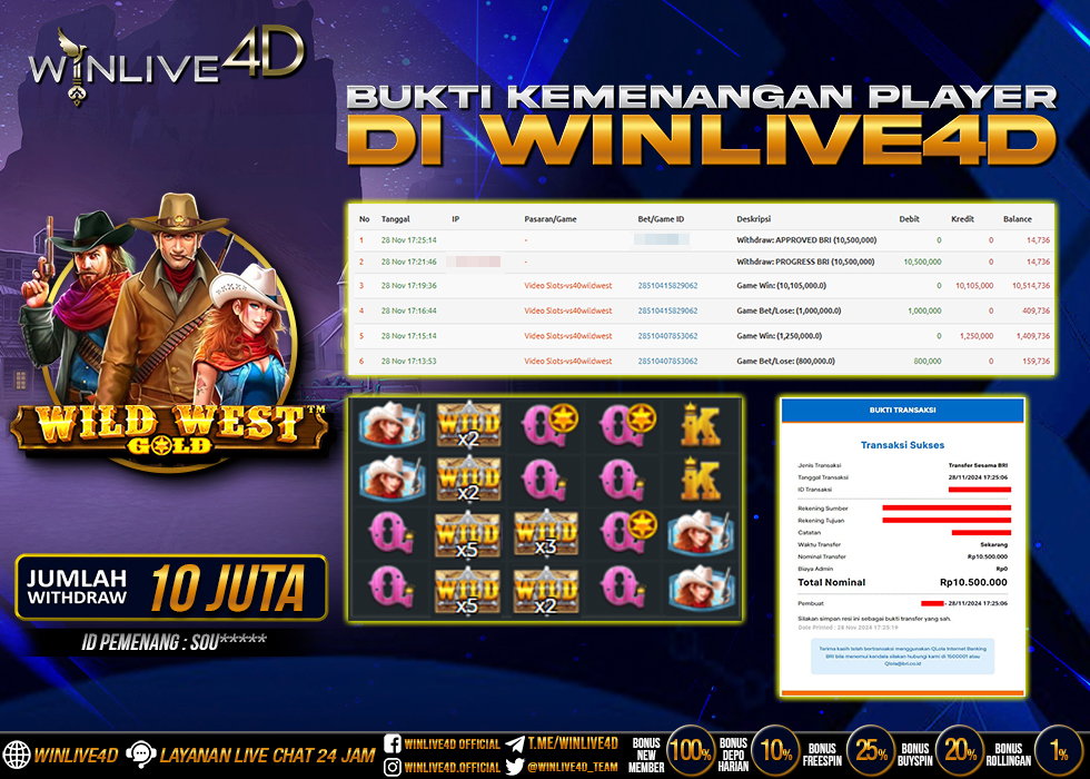 WINLIVE4D JACKPOT SLOT WILD WEST GOLD Rp.10.500.000.,- LUNAS