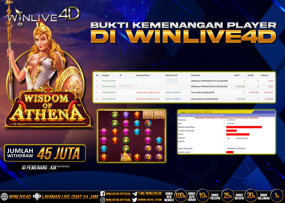 WINLIVE4D JACKPOT SLOT WISDOM OF ATHENA RP.45.400.000.,- LUNAS
