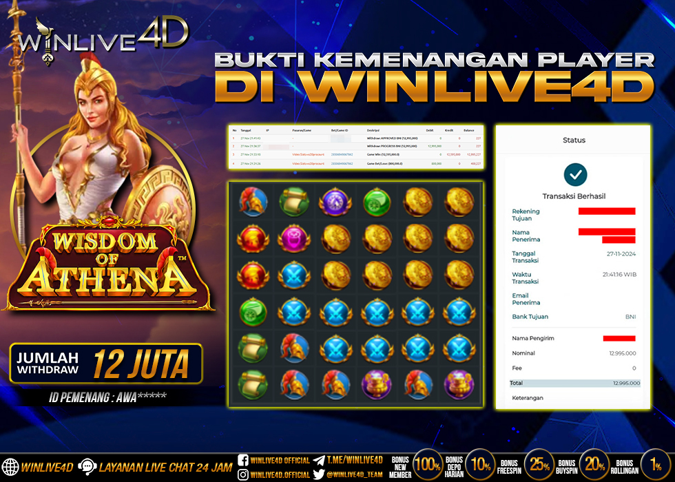 WINLIVE4D JACKPOT SLOT WISDOM OF ATHENA RP.12.995.000.,- LUNAS