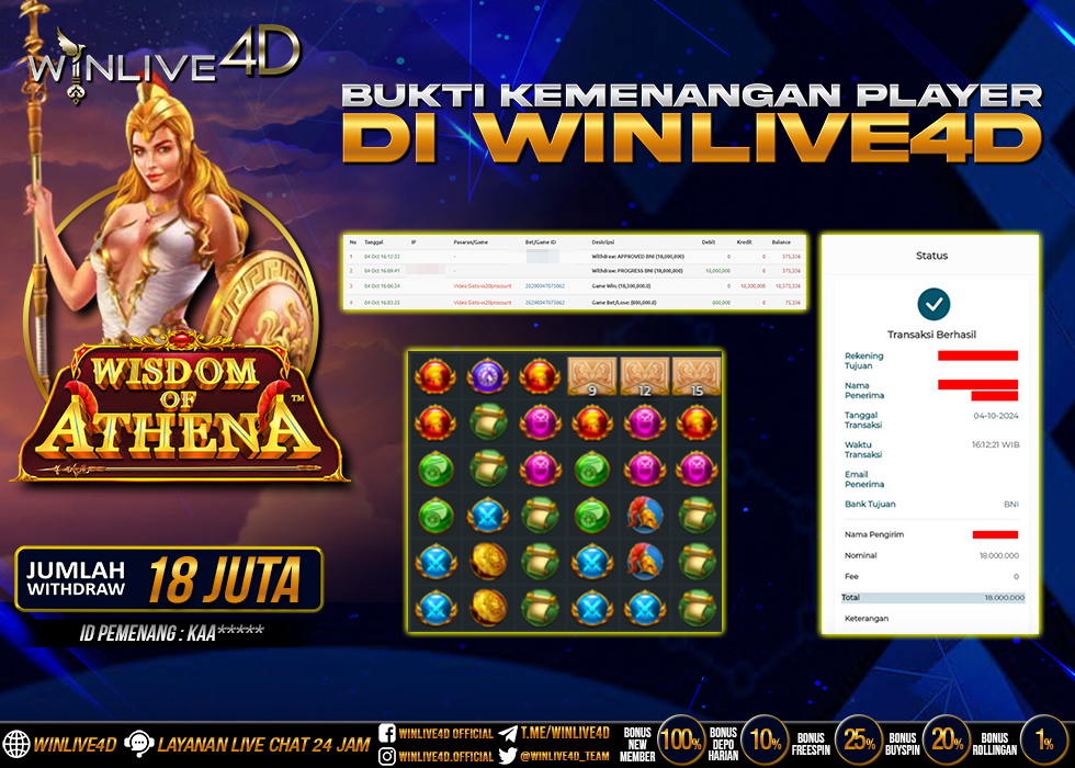 WINLIVE4D JACKPOT SLOT WISDOM OF ATHENA RP.18.000.000.,- LUNAS