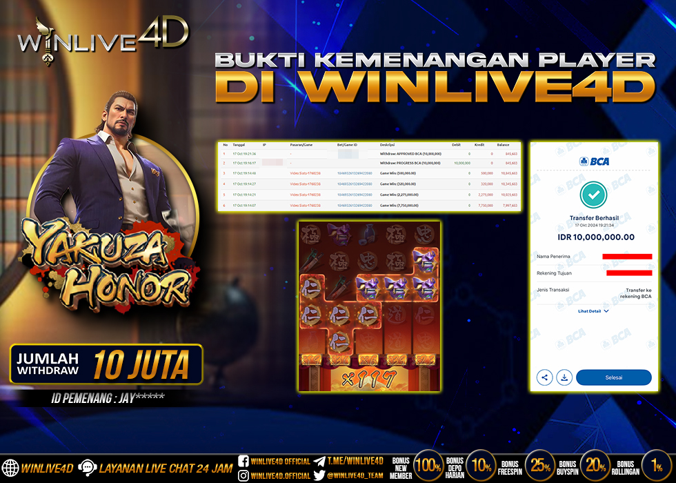 WINLIVE4D JACKPOT SLOT YAKUZA HONOR Rp.10.000.000.,- LUNAS
