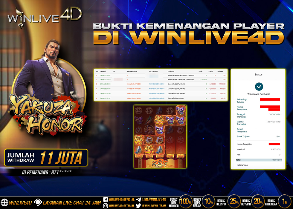 WINLIVE4D JACKPOT SLOT YAKUZA HONOR Rp.11.900.000.,- LUNAS