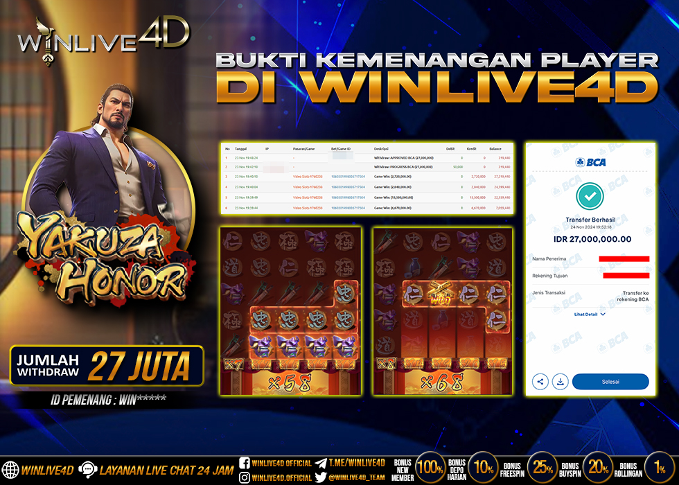 WINLIVE4D JACKPOT SLOT YAKUZA HONOR Rp.27.000.000.,- LUNAS