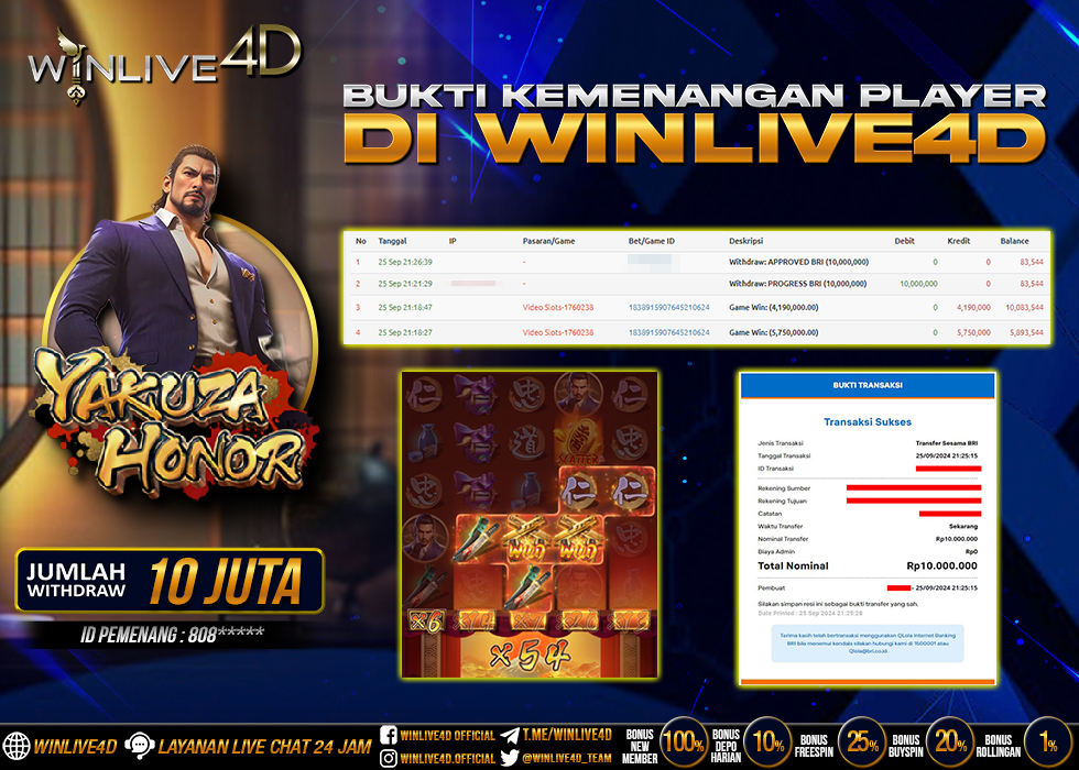 WINLIVE4D JACKPOT SLOT YAKUZA HONOR Rp.10.000.000.,- LUNAS