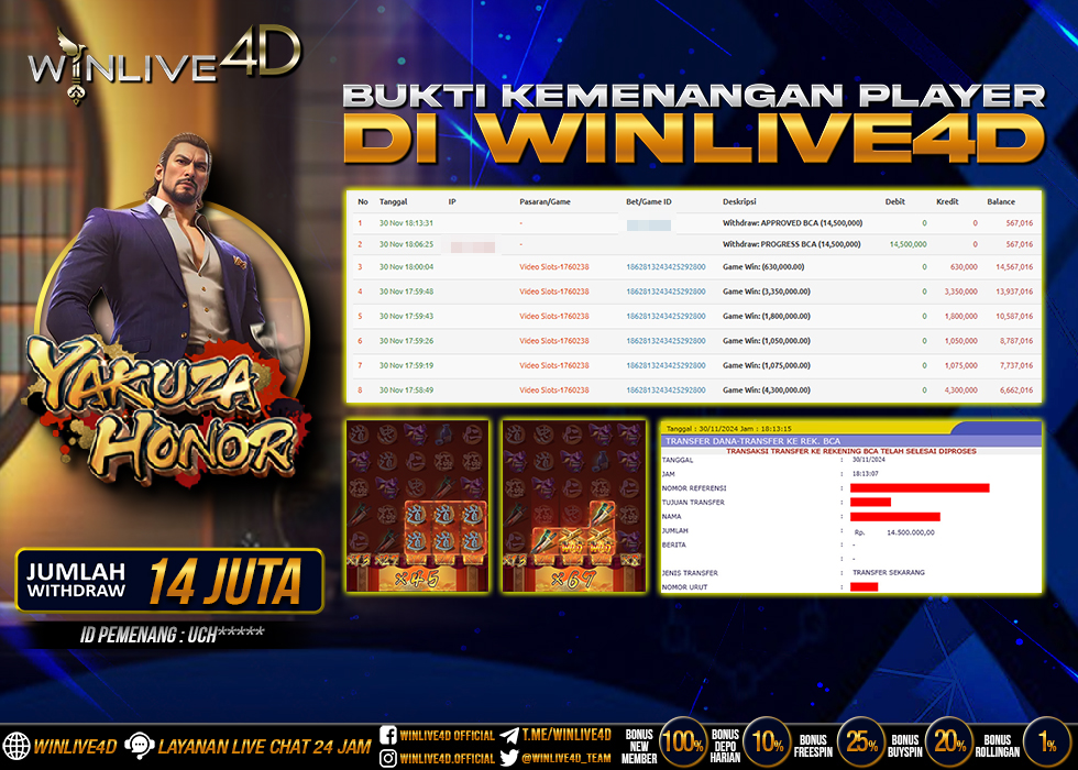 WINLIVE4D JACKPOT SLOT YAKUZA HONOR Rp.14.500.000.,- LUNAS