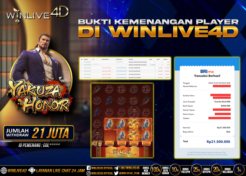 WINLIVE4D JACKPOT SLOT YAKUZA HONOR Rp.21.500.000.,- LUNAS