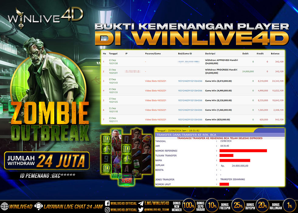 WINLIVE4D JACKPOT SLOT ZOMBIE OUTBREAK Rp.24.000.000.,- LUNAS